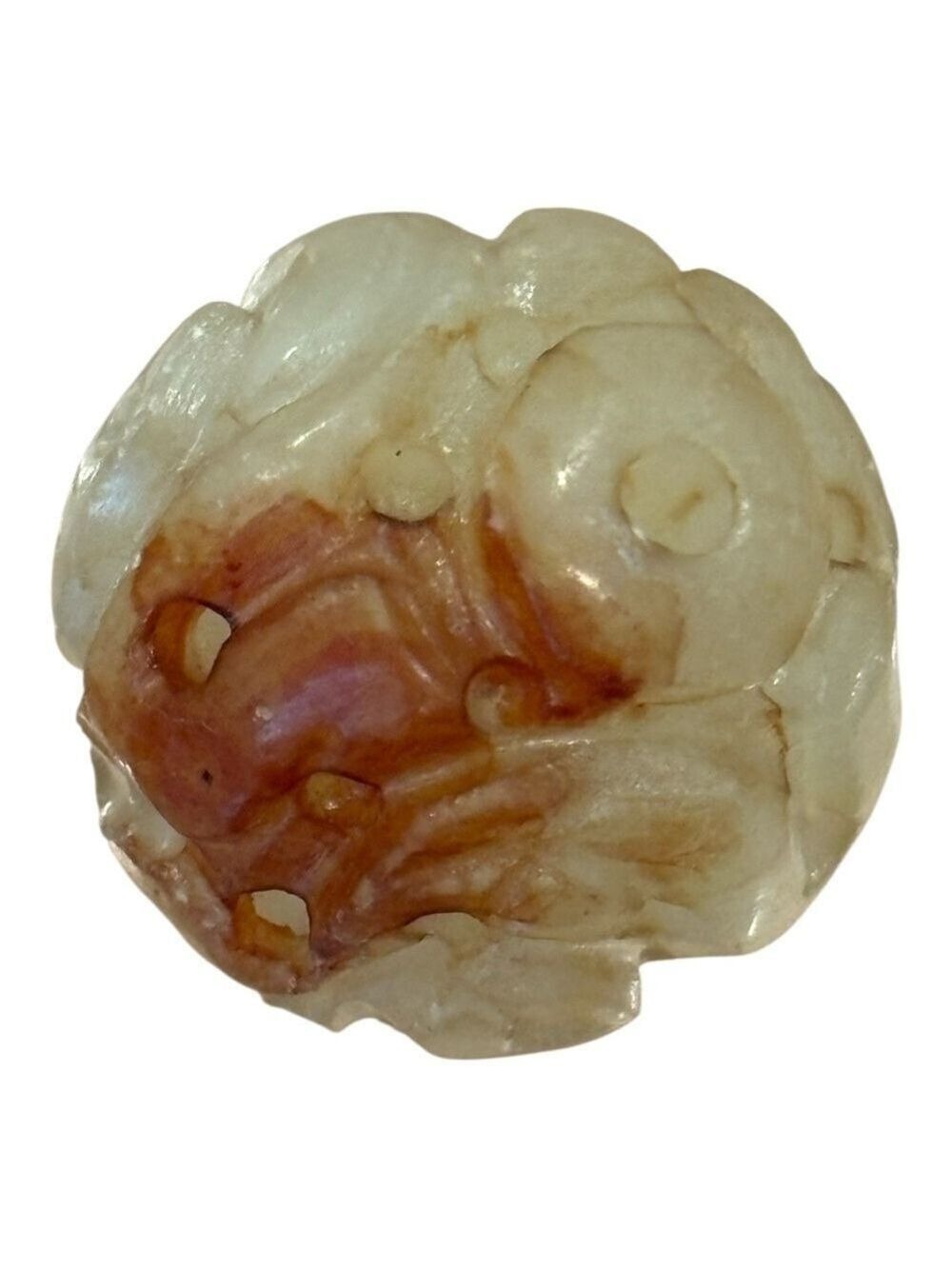 ANTIQUE ASIAN 20TH CENTURY RARE ARTISAN NEPHRITE CARVED JADE BEAD CREAM & RUSSET
